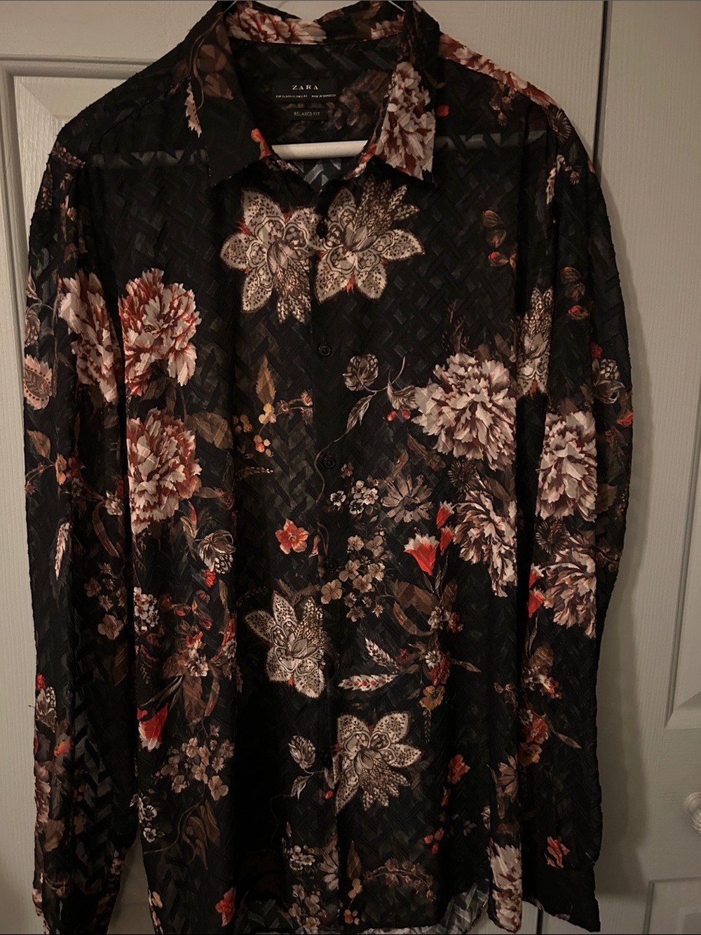 Zara Black Floral Print Long-Sleeve Shirt XL